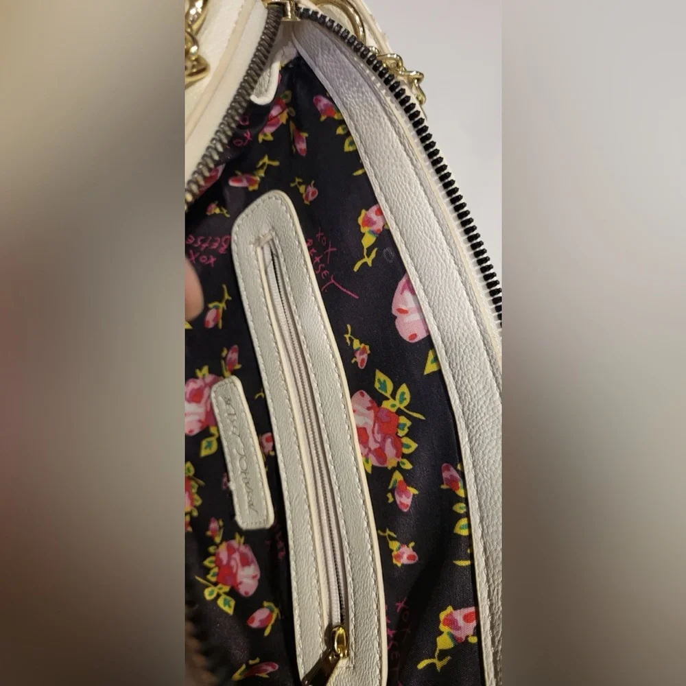 Betsey Johnson White Quilted Shoulder Bag with Pink Floral Scarf